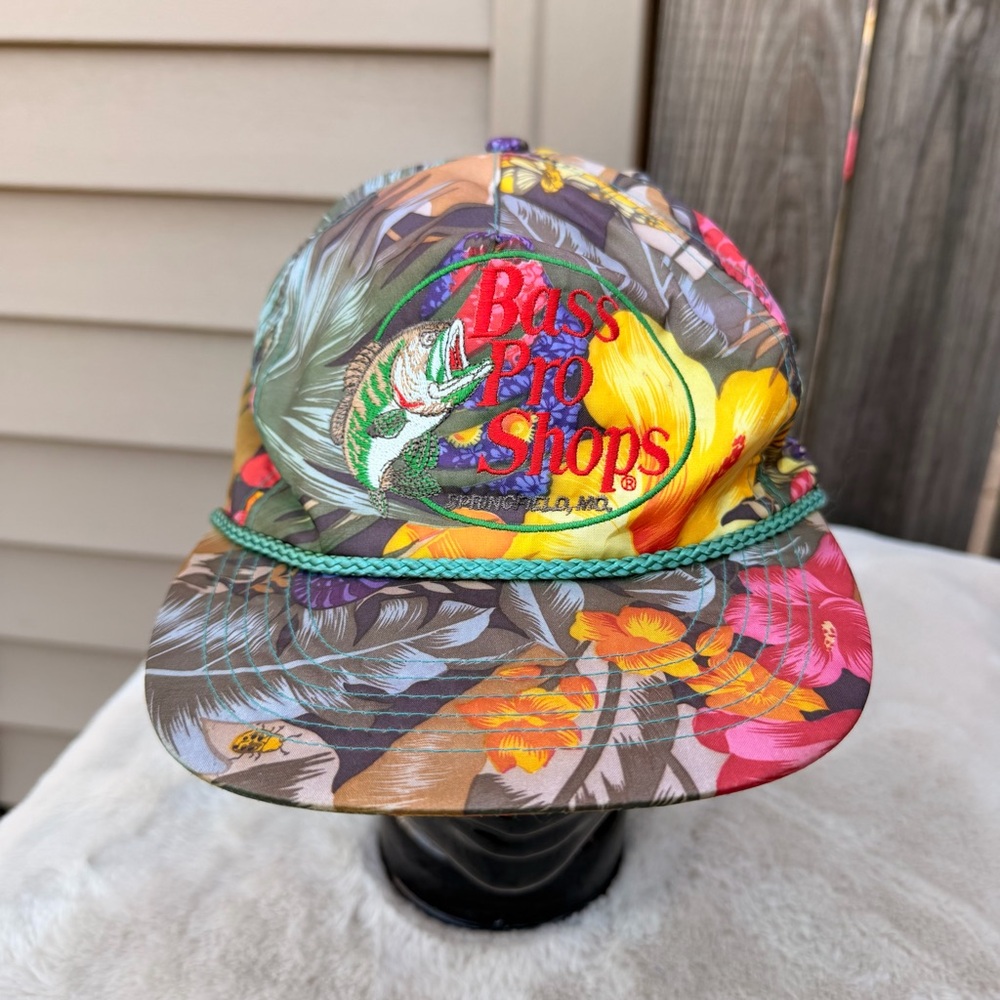 Vintage Bass Pro Shops Hawaiian Floral Tropical Print Baseball Cap Hat 80s 90s
